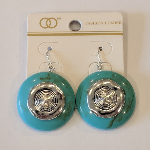 Faux Turquoise & Silver Tone Round Earrings - Picture 1 of 3